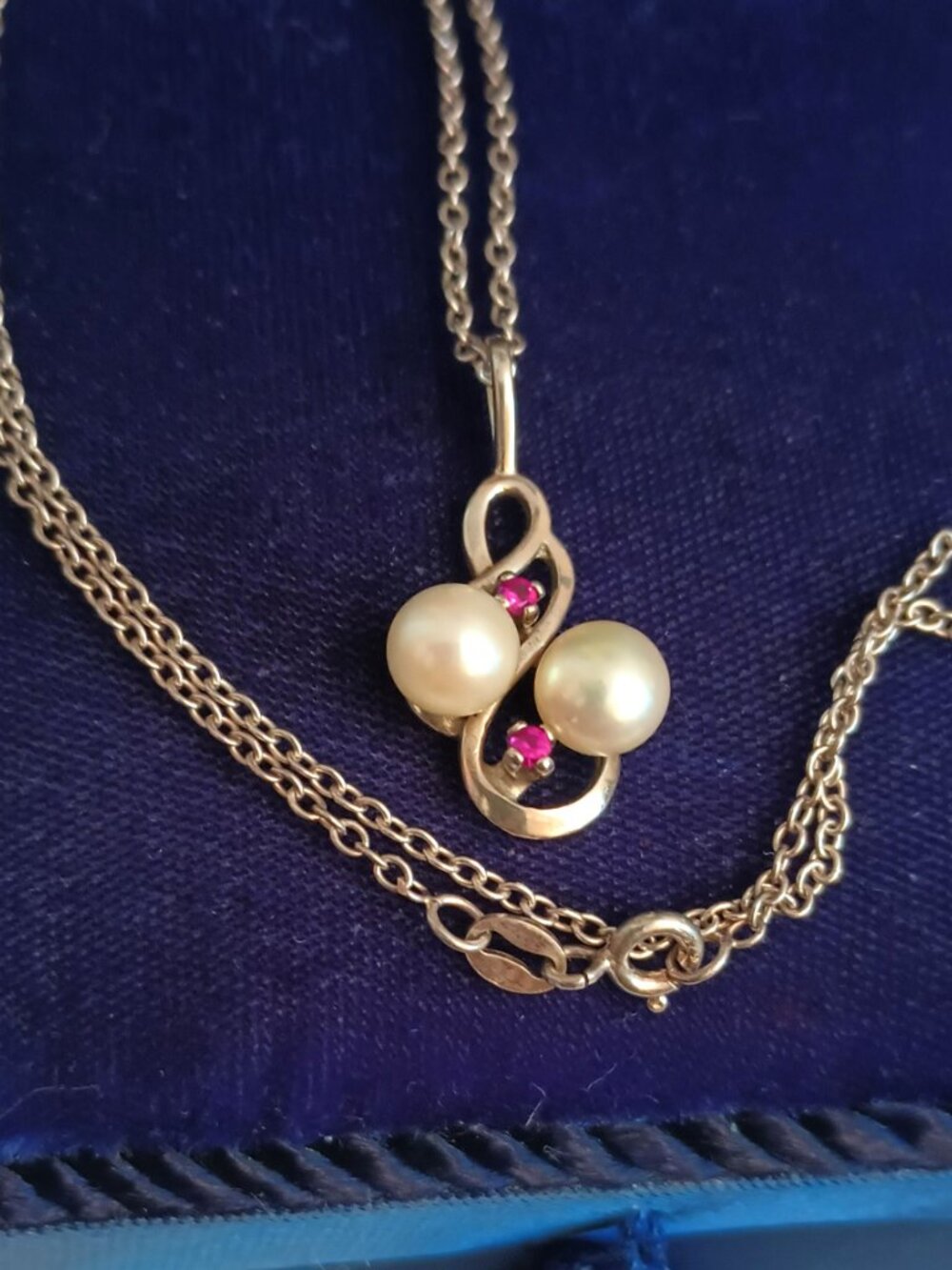 Sterling Silver Pearl & Ruby Necklace 18" Vtg 925 Swirl Pendant Women's Jewelry